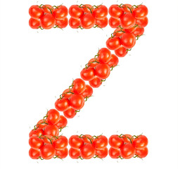 Letters of red tomatoes on white background