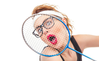 Close-up of surprised tennis player woman, funny concept