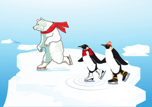 Eisb&auml;r und Pinguin laufen Schlittschuh