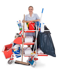 Female Cleaner With Cleaning Equipment
