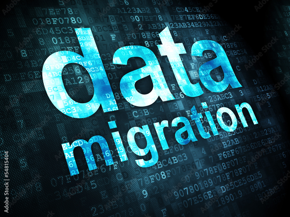 Poster information concept: data migration on digital background