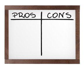 Presentation board (white board) with empty pros and cons table