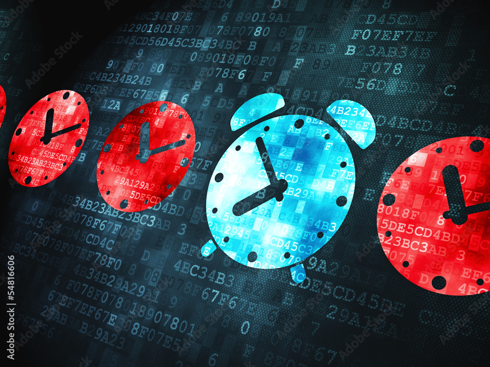 Poster time concept: alarm clock on digital background