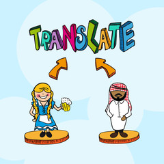 Translation concept german arabic people cartoon.
