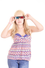 Naklejka premium Young beautiful woman with 3d glasses, isolated on white
