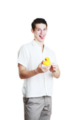 man holding yellow rubber duck