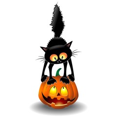 Scared Halloween Cat Cartoon scratching a Pumpkin