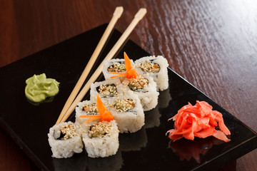 sushi with chopsticks