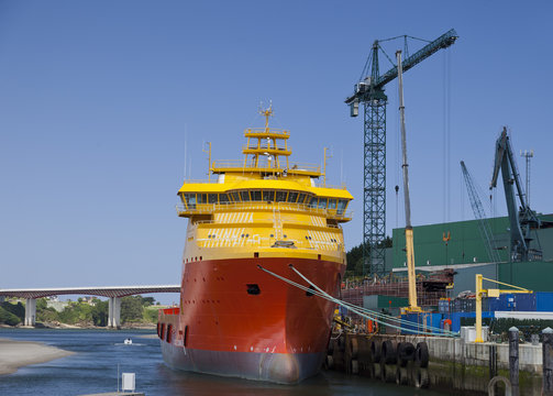 Tanker ship renovated in shipyard.Castropol,Asturias.