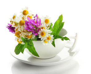 Beautiful wild flowers and mint in cup, isolated on white