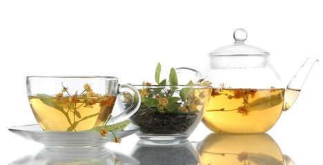 Kettle and cup of tea with linden