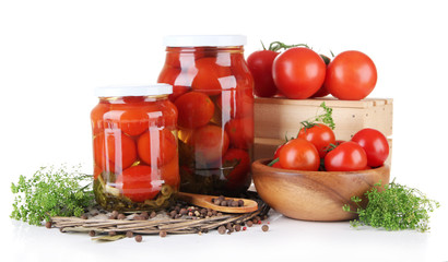 Tasty canned and fresh tomatoes, isolated on white