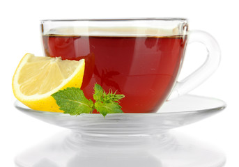 Cup of tea with lemon isolated on white