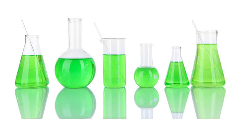 Test-tubes with green liquid isolated on white