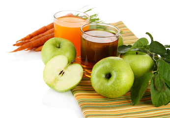 Glasses of juice, apples and carrots, isolated on white