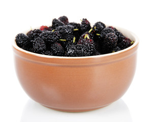 Ripe mulberries in bowl isolated on white