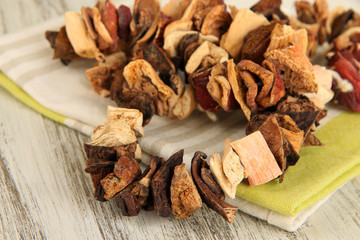Dried mushrooms on wooden background
