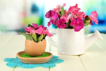 Flowers growing from egg shell, on bright background