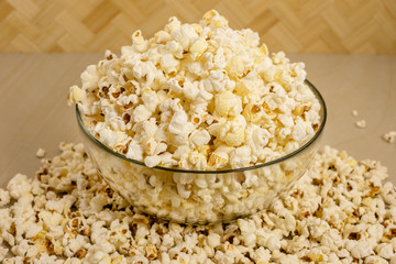 glass bowl of popcorn on the table
