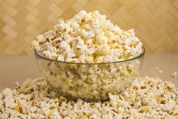 glass bowl of popcorn on the table