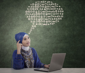 Beautiful muslim woman think on abstract cloud