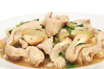 Fried pork with oyster sauce on plate