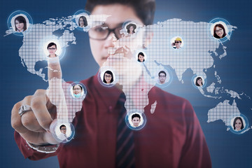 Close-up businessman click on social network