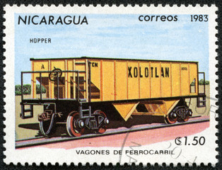 Fototapeta na wymiar Stempel drukowane w Nikaragui pokazuje lokomotywy kolejowe