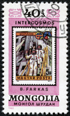stamp printed in Mongolia shows post stamp with Bertalan Farkas