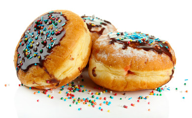 Tasty donuts with chocolate, isolated on white