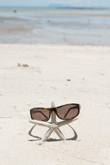 Fototapeta na wymiar Chic sunglasses and starfish on white sand beach