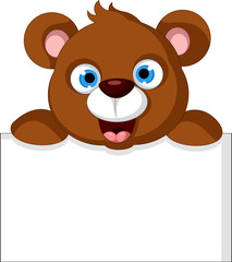 baby brown bear cartoon posing with blank sign