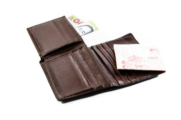 inside brown wallet isolated on white background