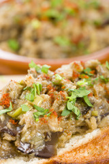 Aubergine Dip - Spanish grilled eggplant tapas on crusty bread