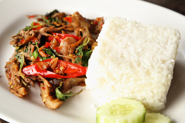 A fresh dish of Thai style food, Fried pork with sweet basi