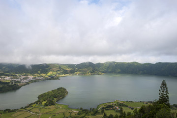 Blue lake in a volcanic crater