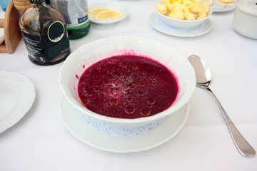 Cold beet soup on the table