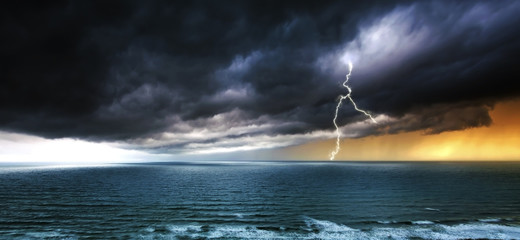 Lightning and Stormy Weather Over Sea - Panorama