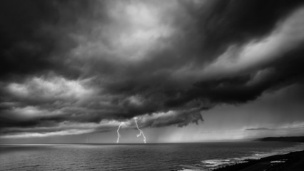 Lightning Storm Over Sea - black and white