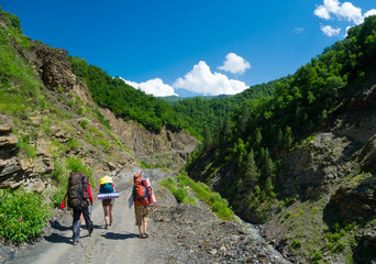 Fototapeta premium Young hikers trekking in Svaneti,
