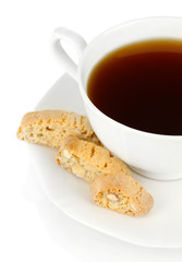 Aromatic cookies cantuccini and cup of coffee isolated on white