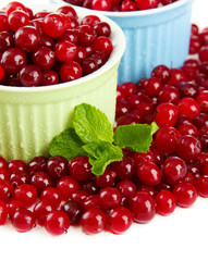 Ripe red cranberries in bowls, isolated on white.
