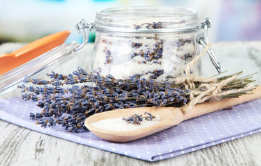 Jar of lavender sugar and fresh lavender flowers