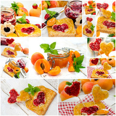 Collage: heart-shaped toasts with with apricot and raspberry jam