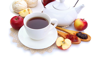 light breakfast with tea and homemade jam, isolated on white