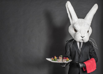 Rabbit waiter man in black suit stay at dark gray background - 54867614
