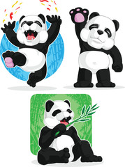 Panda Set - Happy, Waving Hand, Eating Bamboo