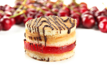 Tasty biscuit cake and berries isolated on white