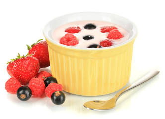 Delicious yogurt with fruit isolated on white
