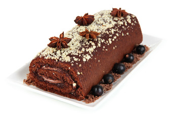 Sweet roll on plate isolated on white